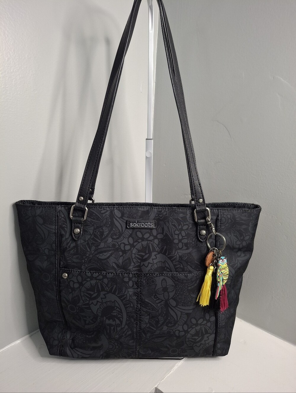 Sakroots Tote Bag & Owl Print Wallet Crossbody Set Black Floral Like New - Picture 2 of 7